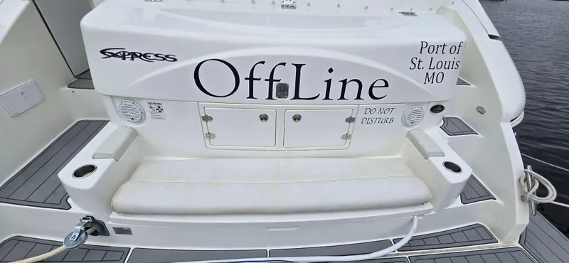 Slide: The Image of 2006 Cruisers Yachts 52 Express, named "OffLine," docked at Port of St. Louis, MO. - 27