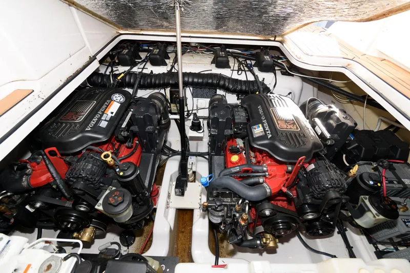 Slide: The Image of 2008 Four Winns V338 engine compartment with dual Volvo Penta engines. - 17