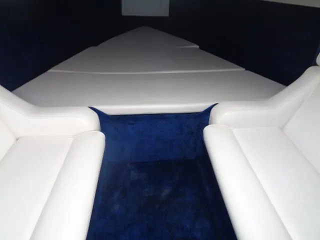 Slide: The Image of Interior of 2001 Warlock 29 World Class boat with white seating and blue carpet. - 10