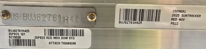 Slide: The Image of 2025 Sun Tracker Party Barge 22 DLX identification plates and barcodes. - 6