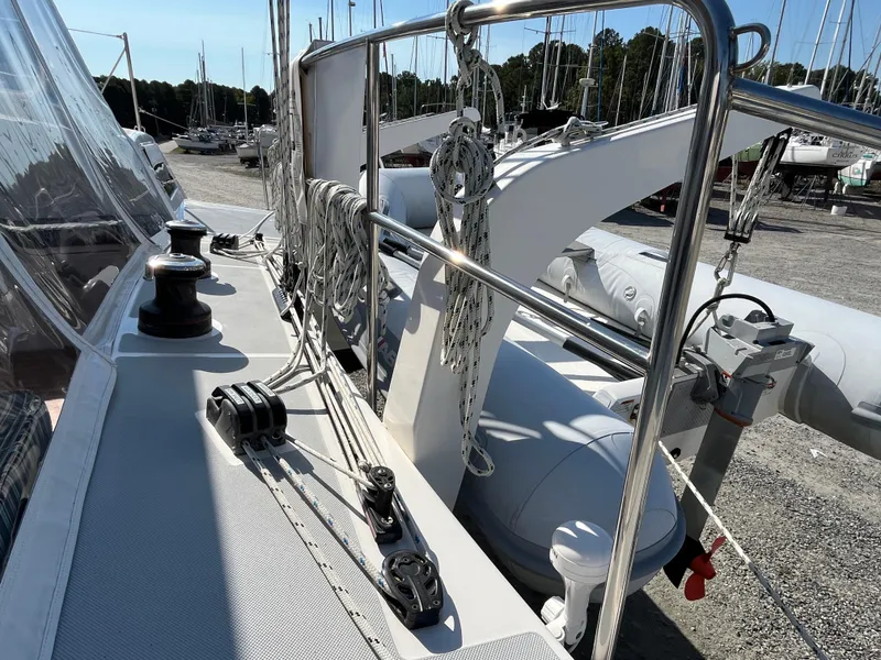 Slide: The Image of Deck view of 2018 Maine Cat 38 Electric sailboat with rigging and winches. - 16