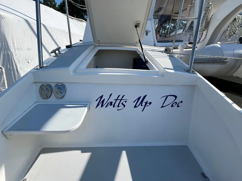 Slide: The Image of Maine Cat 38 Electric 2018 boat with "Watts Up Doc" text on deck. - 9