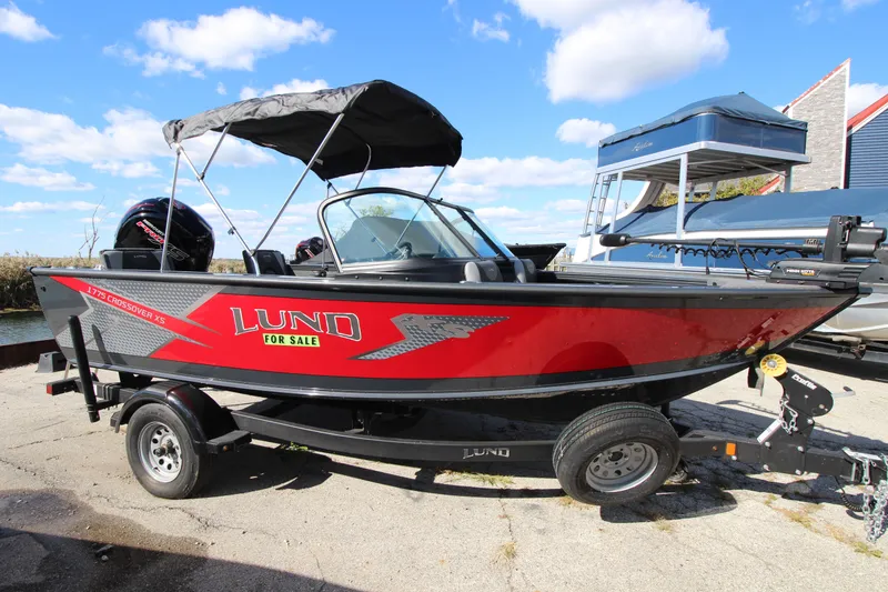 Slide: The Image of 2024 Lund 1775 Crossover XS boat for sale, red and black design, on trailer. - 0