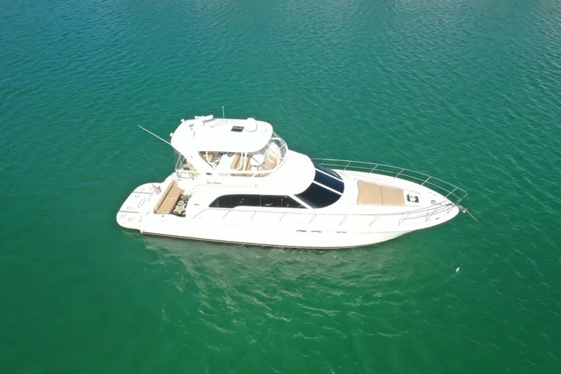 Slide: The Image of 2001 Sea Ray 480 Sedan Bridge yacht on calm green water. - 16