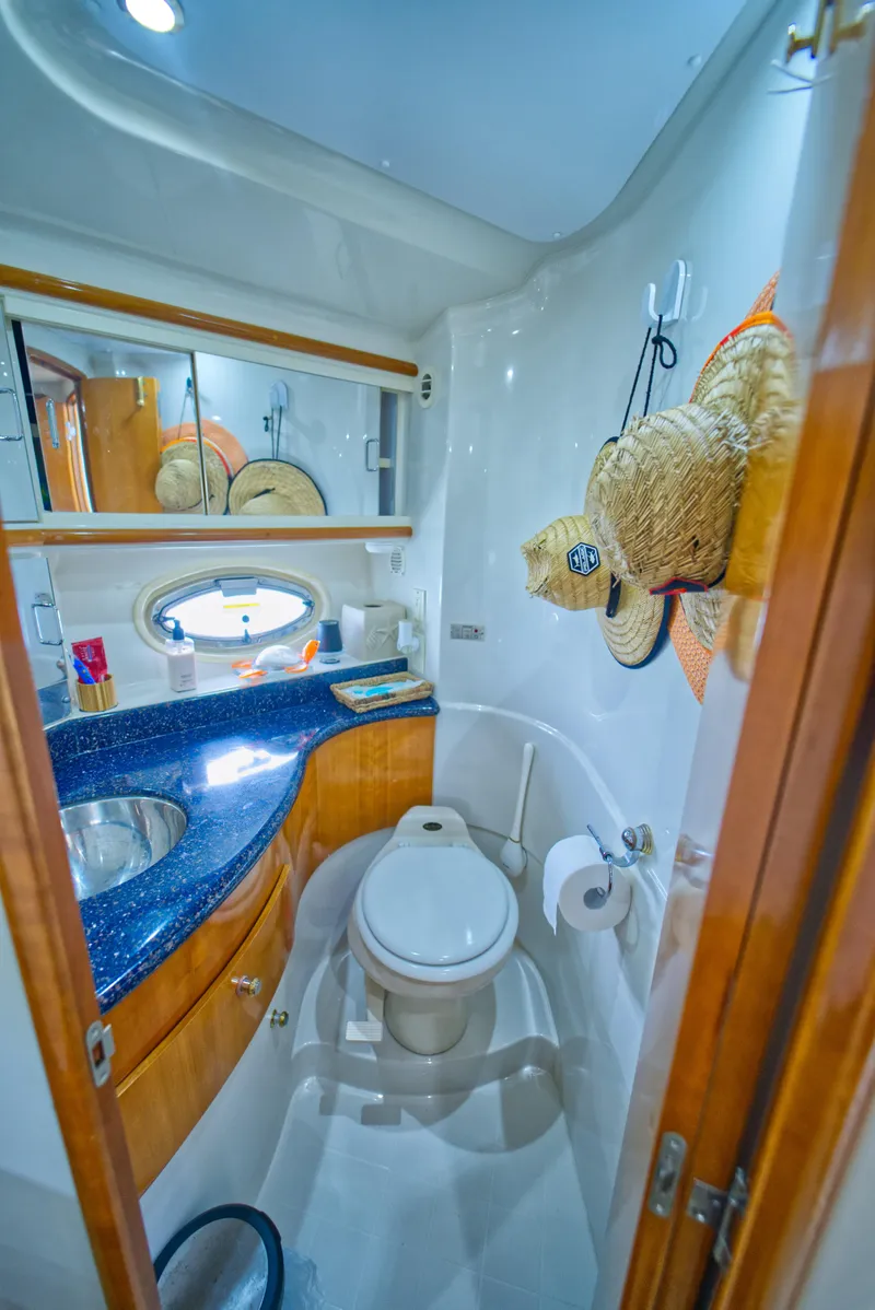 Slide: The Image of 2002 Carver 410 Sport Sedan bathroom with modern fixtures and blue countertop. - 14