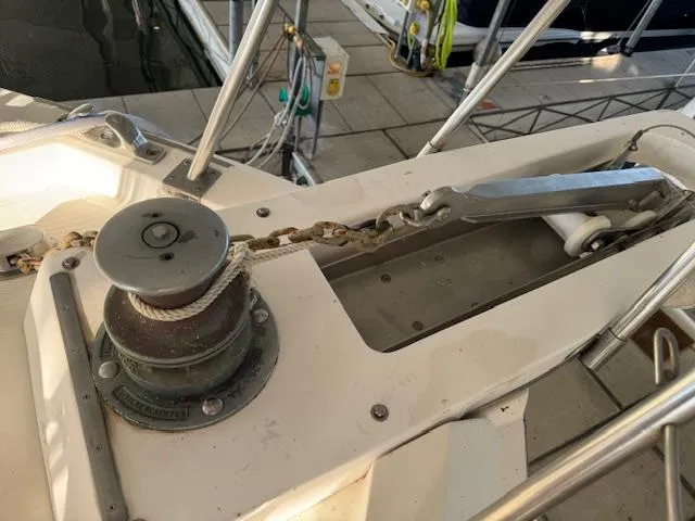 Slide: The Image of Anchor winch and chain on 1987 Seamaster 48 Motor Yacht deck. - 9