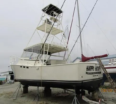 Slide: The Image of 1988 Custom Universal Ship Building Sport boat on stands, named "Happy Hooker." - 17