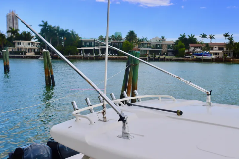 Slide: The Image of 2017 Pursuit DC 295 Dual Console boat with fishing rods, docked near waterfront homes. - 29