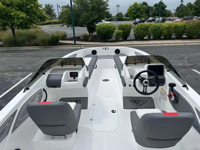 Slide: The Image of 2025 Tahoe T21 boat interior with dual consoles and steering wheel, parked outdoors. - 4