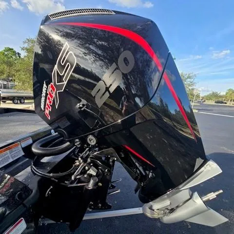 Slide: The Image of 2025 Nitro Z21 XL boat engine, Mercury Pro XS 250, sleek black design. - 5