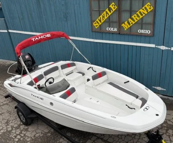 Slide: The Image of 2025 Tahoe T18 boat with red canopy at Sizzle Marine, Ohio. - 3