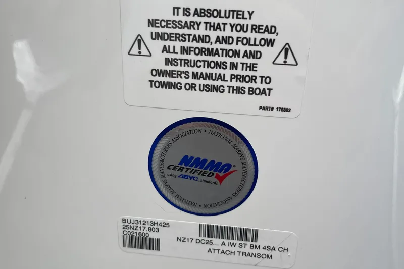 Slide: The Image of Warning label and certification sticker on 2025 Nitro Z17 boat transom. - 63