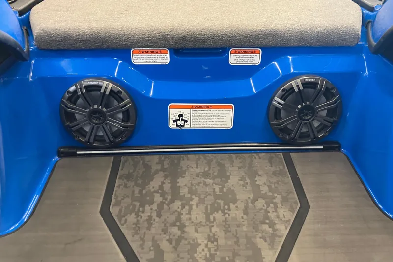 Slide: The Image of 2025 Nitro Z21 XL Pro boat interior with dual speakers and warning labels. - 10