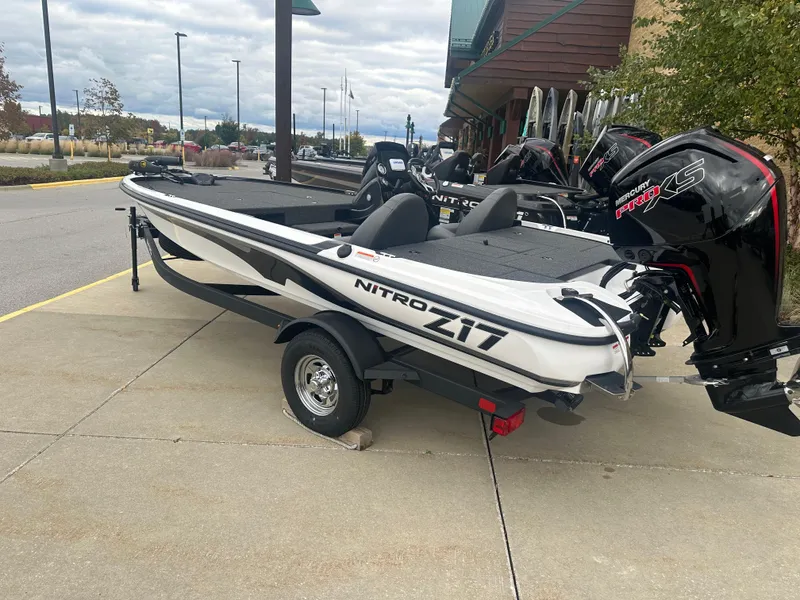 Slide: The Image of 2025 Nitro Z17 boat on trailer with powerful outboard motor. - 1