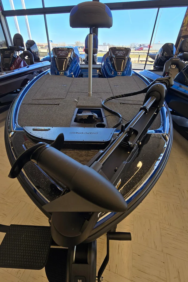 Slide: The Image of 2025 Nitro Z20 XL boat with advanced fishing deck and trolling motor. - 2