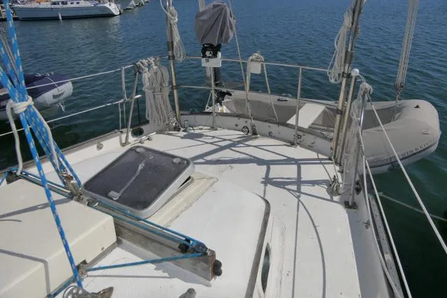 Slide: The Image of Sailboat deck view, Peterson 44 model, 1976, docked in marina. - 32