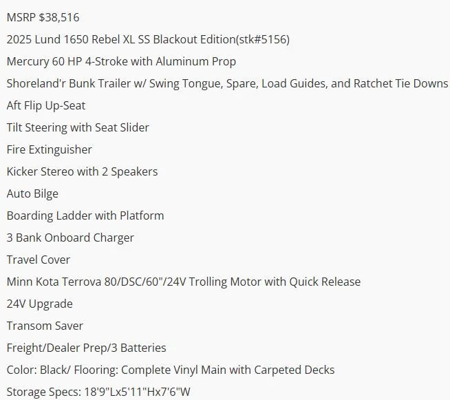 Slide: The Image of 2025 Lund 1650 Rebel XL SS features and specifications list, including Mercury 60 HP engine. - 7