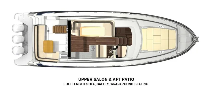 Slide: The Image of Top view of 2022 Regal 42 FXO yacht layout with salon, galley, and seating. - 25