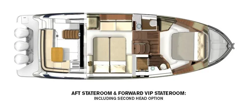 Slide: The Image of 2022 Regal 42 FXO yacht layout with aft and forward VIP staterooms, second head option. - 26