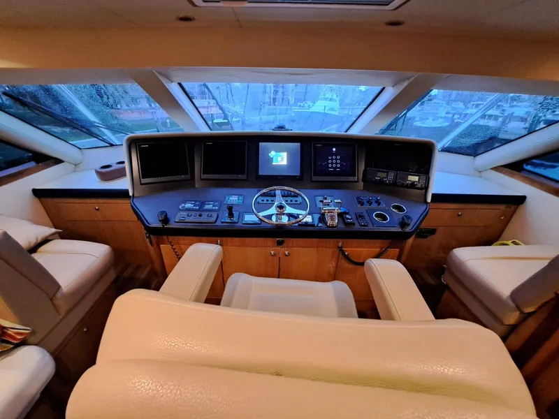 Slide: The Image of Interior helm of 2006 Hatteras 68 Convertible yacht with advanced navigation controls. - 22