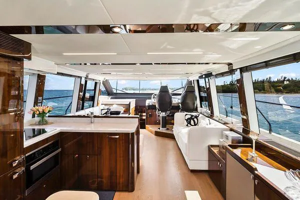 Slide: The Image of Luxurious interior of 2021 Fairline Squadron 68 yacht with modern design and ocean view. - 39