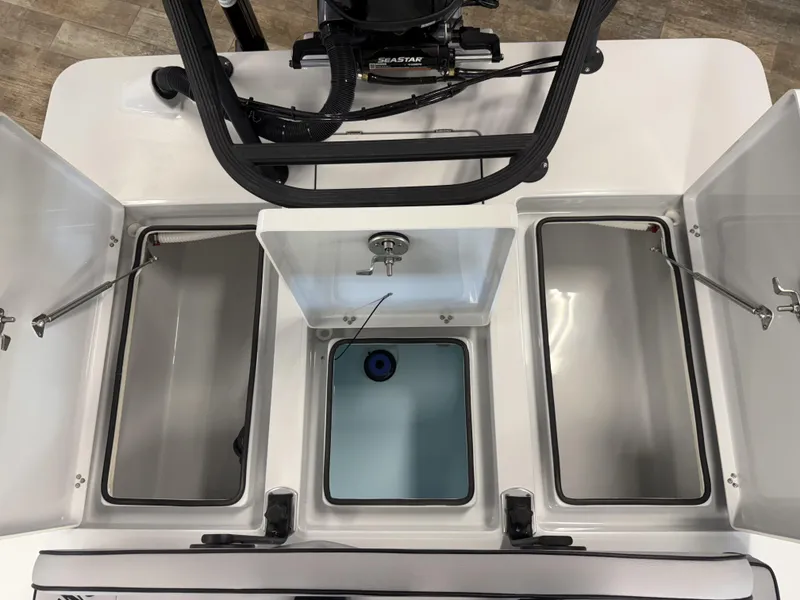 Slide: The Image of 2025 Maverick 18 HPX-V boat storage compartments and livewell, top view. - 12