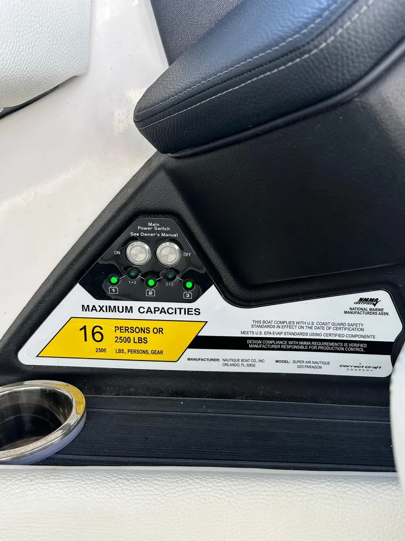 Slide: The Image of 2023 Nautique PARAGON 23 capacity label, seating for 16 people or 2500 lbs. - 22