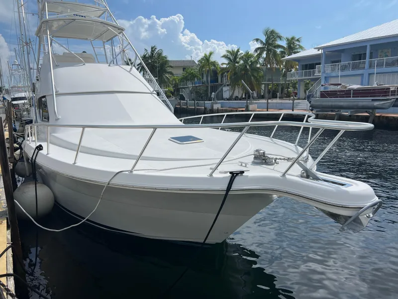 The Image of 2005 Rampage 45 Convertible yacht docked by waterfront homes. - 0
