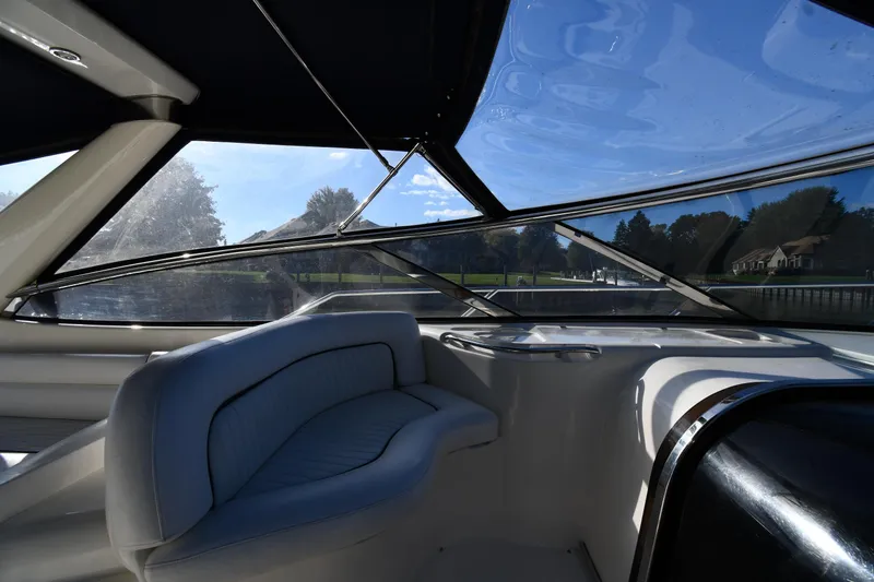 Slide: The Image of Interior view of 1997 Sunseeker Camargue 47 yacht with sleek seating and panoramic windows. - 26