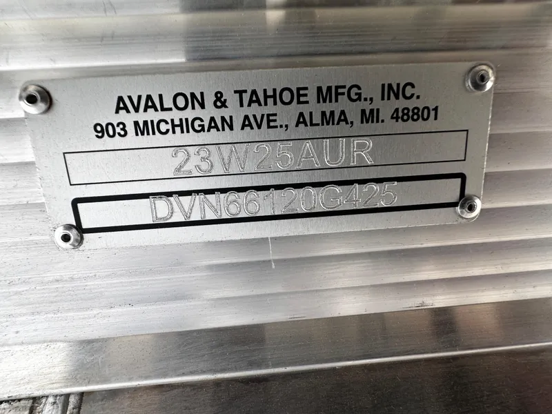 Slide: The Image of Avalon 2385 Aura Quad Lounge 2025 identification plate, Avalon & Tahoe Mfg., Alma, MI. - 23