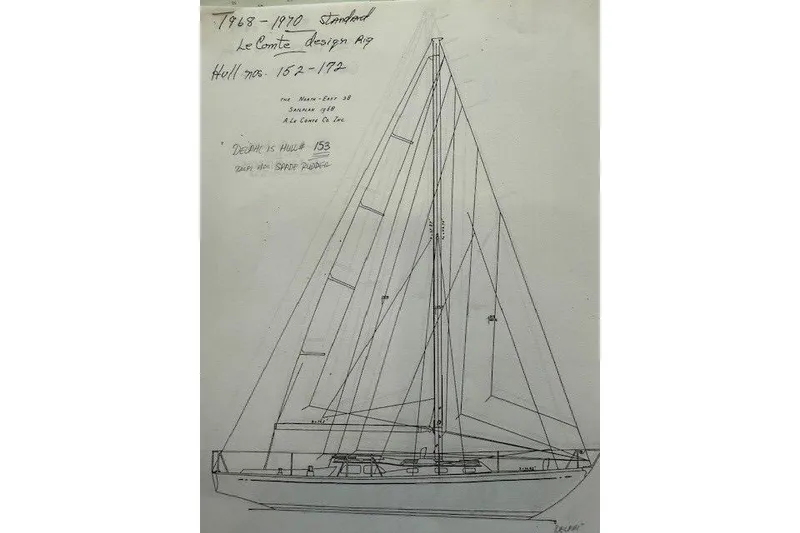 Slide: The Image of Blueprint of 1968 LeComte Northeast 38 sailboat, detailed design sketch. - 72