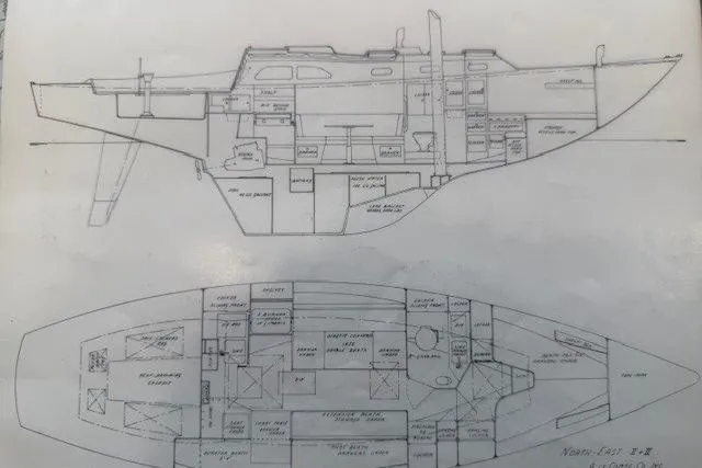 Slide: The Image of Blueprint of 1968 LeComte Northeast 38 sailboat, showcasing detailed interior and exterior layout. - 73