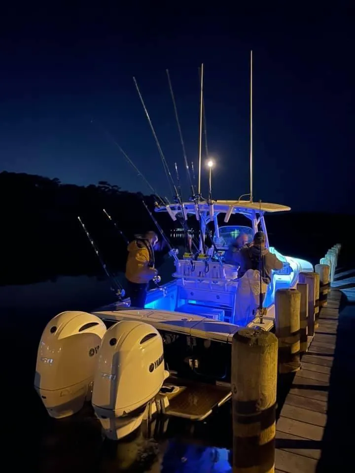 Slide: The Image of 2019 Regulator 23 FS boat docked at night, illuminated with blue lights. - 13