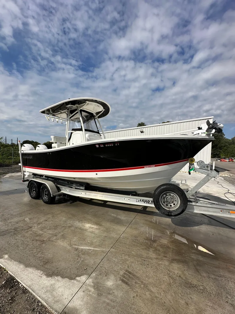Slide: The Image of 2019 Regulator 23 FS boat on trailer under cloudy sky. - 4