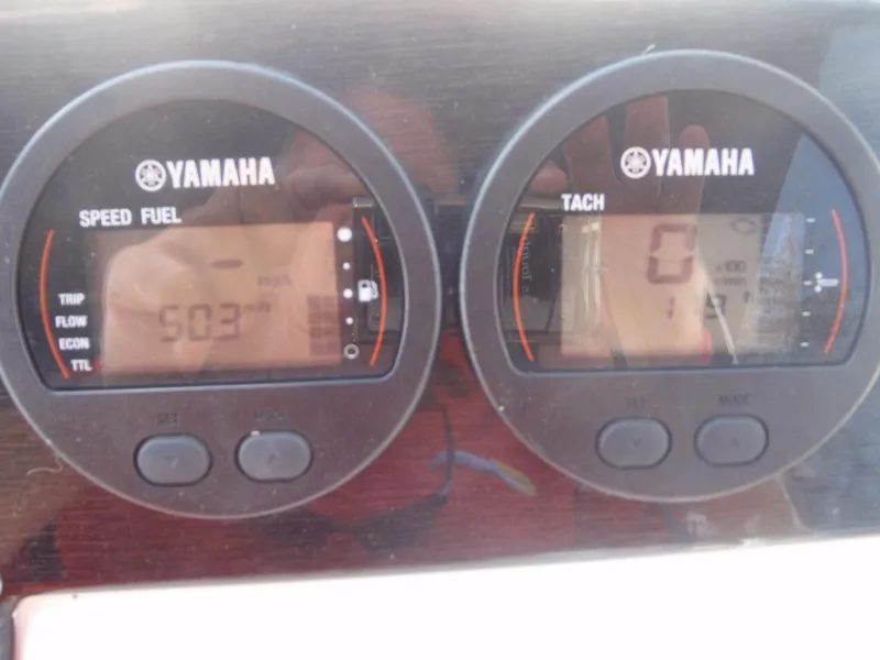 Slide: The Image of Yamaha speed fuel and tachometer gauges on a 2016 Capelli Tempest 570 boat. - 17