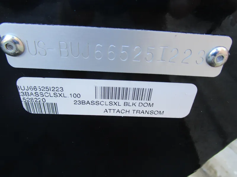 Slide: The Image of 2023 Tracker Bass Tracker Classic XL transom with serial number and barcode. - 24