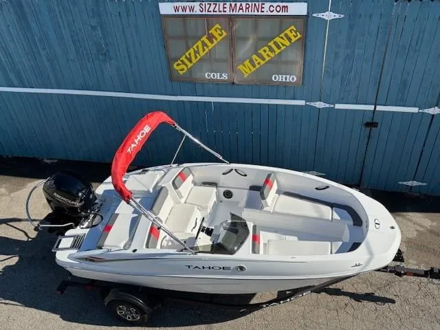 Slide: The Image of 2025 Tahoe T16 boat with red canopy at Sizzle Marine, Ohio. - 4