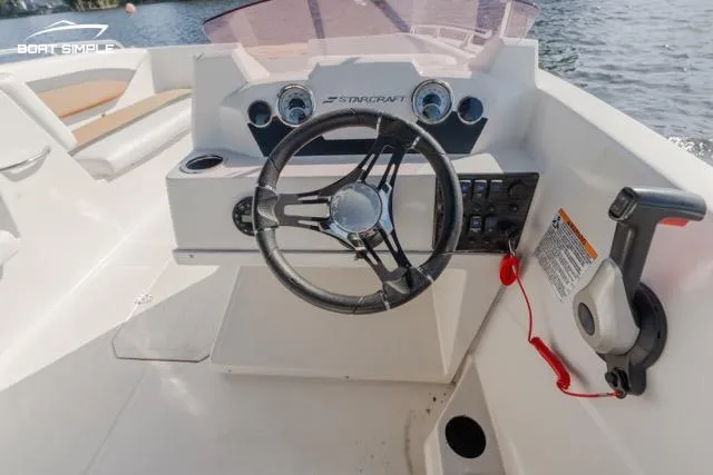 Slide: The Image of 2022 Starcraft SVX 171 OB boat steering console with modern controls and dashboard. - 10