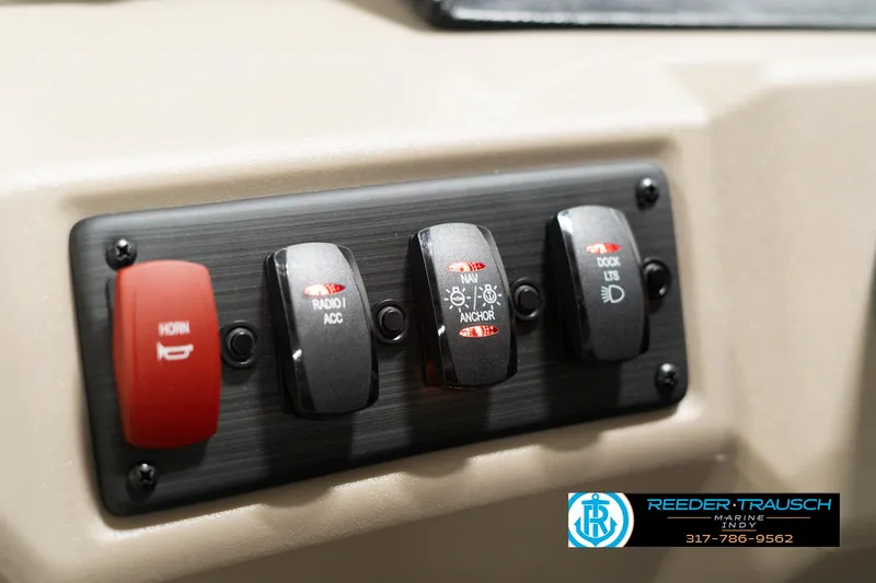 Slide: The Image of Control panel of 2025 Bennington 21 SLSE boat with labeled switches. - 29