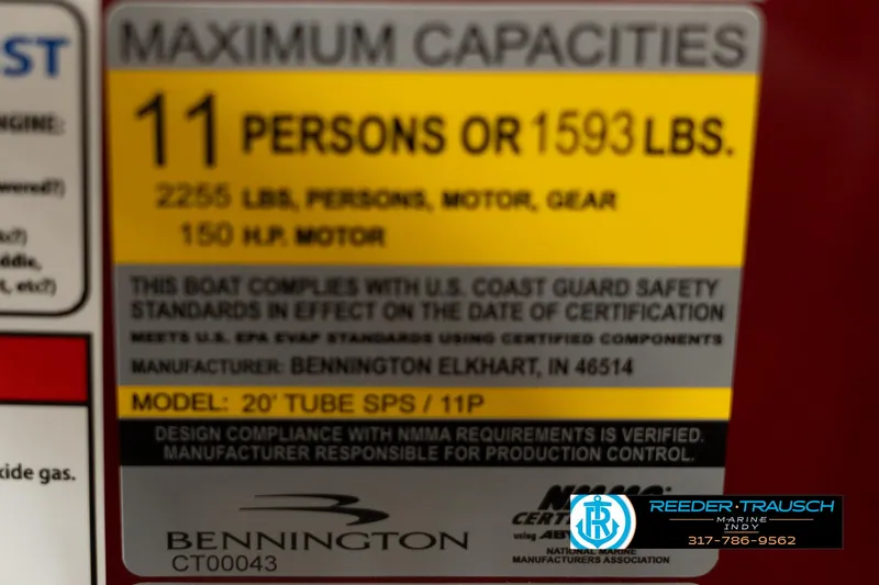 Slide: The Image of Capacity label for 2025 Bennington 21 SLSE, 11 persons or 1593 lbs, 150 HP motor. - 49