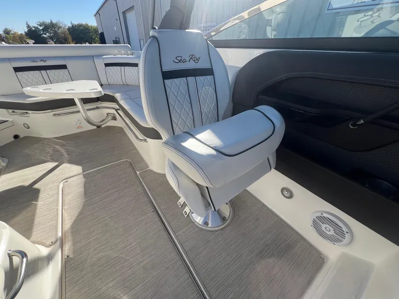 Slide: The Image of 2018 Sea Ray 280 SLX boat interior with luxurious seating and modern design. - 27