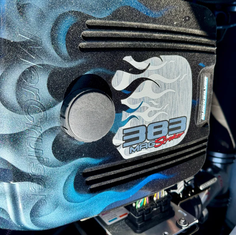 Slide: The Image of Close-up of a 2005 Chris-Craft Corsair 28 engine, featuring 383 Mag Stroker design. - 24