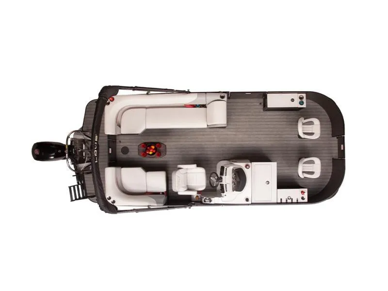 Slide: The Image of 2023 Lowe SF212 Walk-Through pontoon boat, top view, showcasing seating and layout. - 30