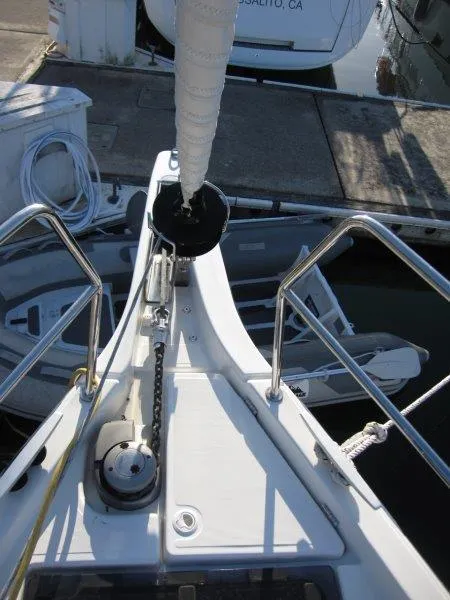 Slide: The Image of Jeanneau Sun Odyssey 440 sailboat deck, 2021 model, docked at marina. - 38