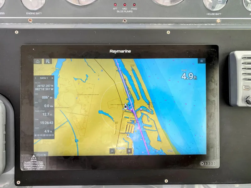Slide: The Image of Raymarine navigation display on 2001 Tiara Yachts 3800 Open, showing nautical chart and depth. - 25