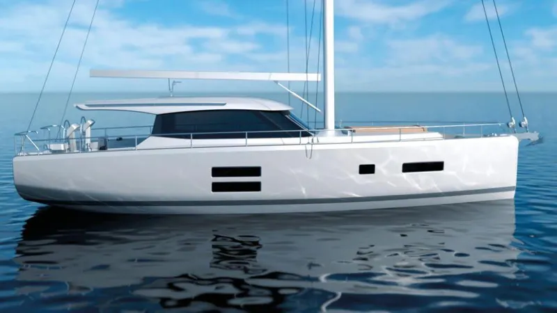 Slide: The Image of Modern 2025 Moody 41 DS yacht on calm sea under blue sky. - 18