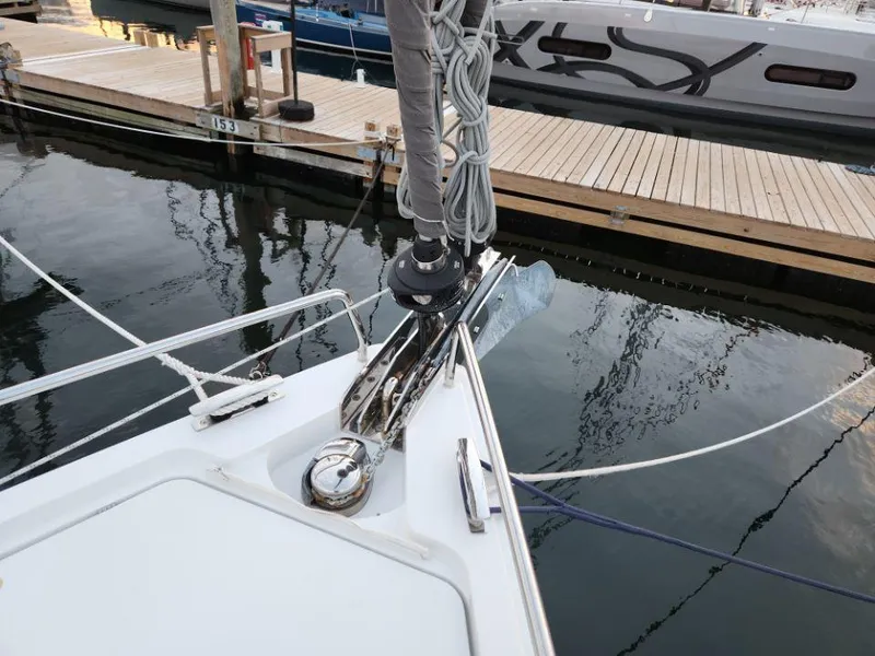 Slide: The Image of Bow of 2025 Moody 41 DS sailboat docked at marina. - 19