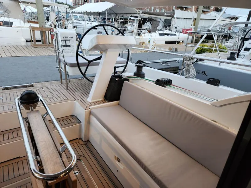 Slide: The Image of Modern Moody 41 DS yacht cockpit with sleek design and comfortable seating, 2025 model. - 29