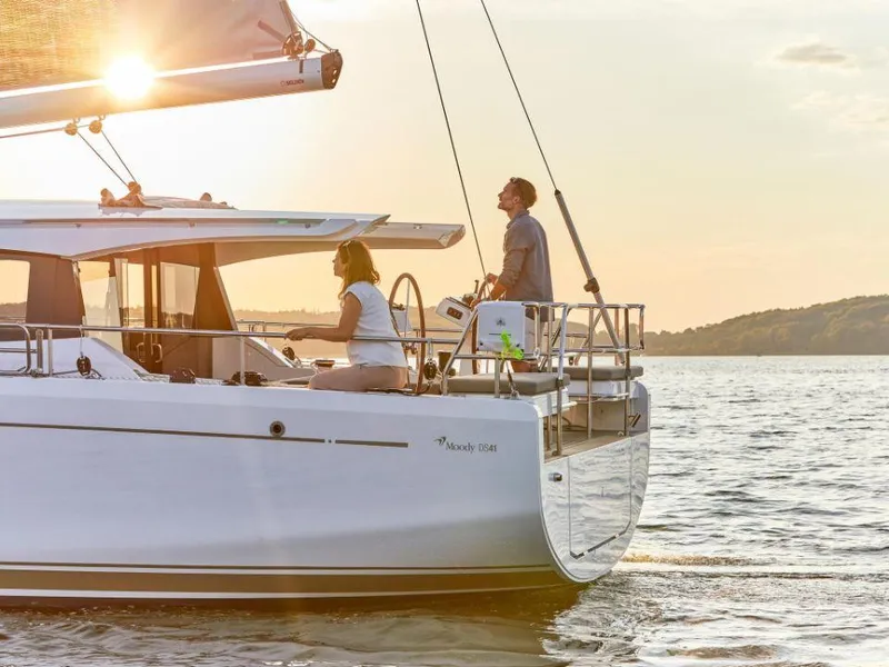 Slide: The Image of Sailing on a 2025 Moody 41 DS yacht during a sunny day on the water. - 6