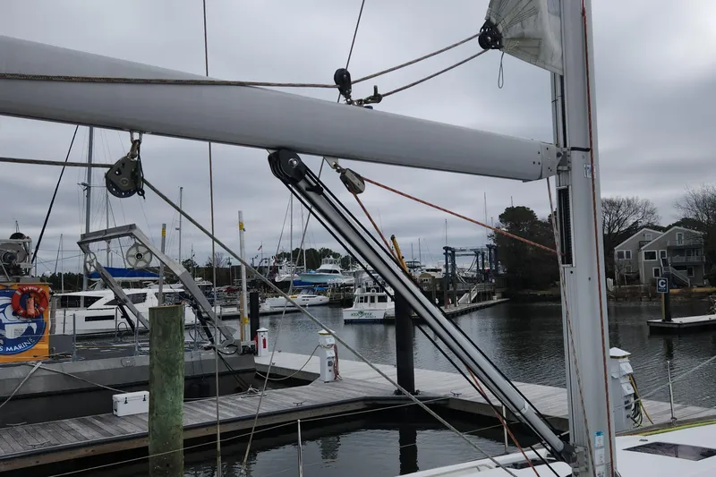 Slide: The Image of Sailboat docked at marina, Beneteau Oceanis 48, 2013 model, overcast sky. - 12
